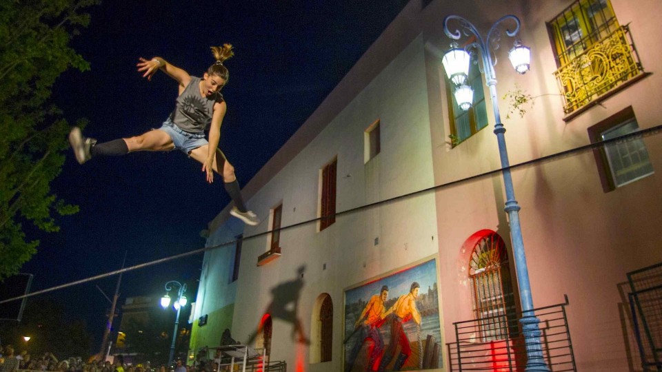 Slackline Tricking over Colorful Buenos Aires Streets